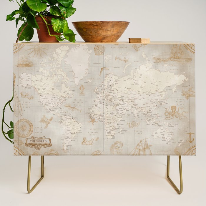 Vintage looking current world map with sea monsters and sail ships Credenza Gallery Image 1