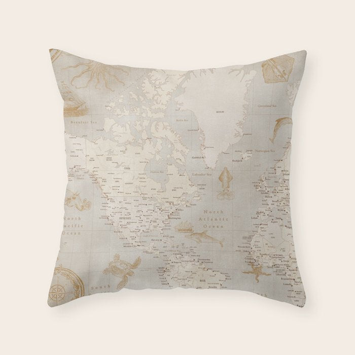 Vintage looking current world map with sea monsters and sail ships Throw Pillow Gallery Image 1