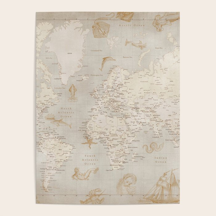 Vintage looking current world map with sea monsters and sail ships Poster Gallery Image 1