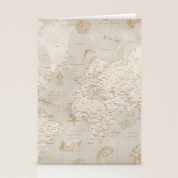 Vintage looking current world map with sea monsters and sail ships Stationery Card Gallery Image 2