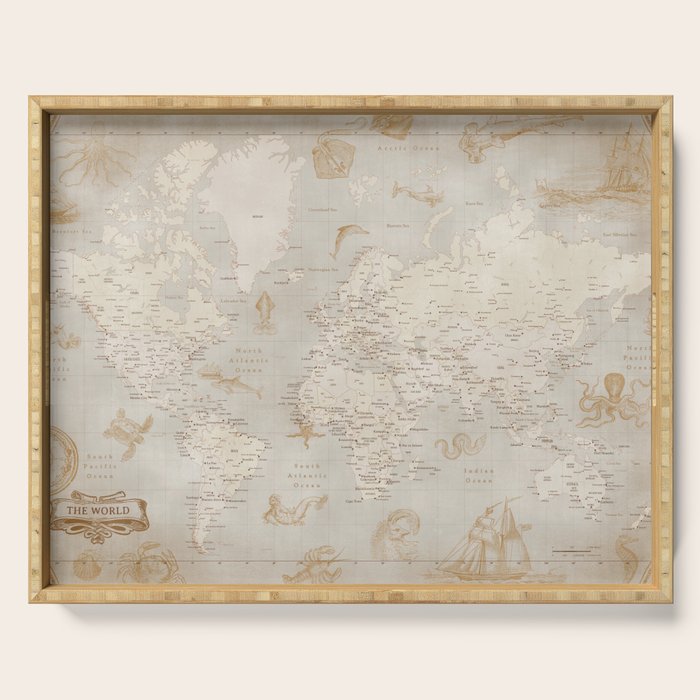 Vintage looking current world map with sea monsters and sail ships Serving Tray Gallery Image 1