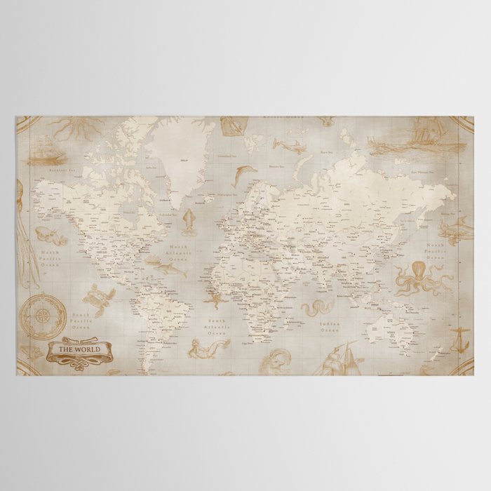Vintage looking current world map with sea monsters and sail ships Tablecloth Gallery Image 2