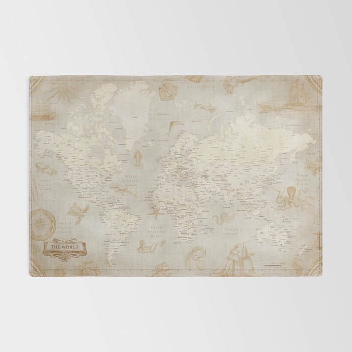 Vintage looking current world map with sea monsters and sail ships Rug Gallery Image 2