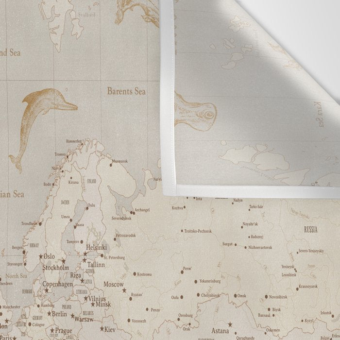 Vintage looking current world map with sea monsters and sail ships Wall Tapestry Gallery Image 3