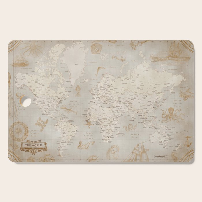 Vintage looking current world map with sea monsters and sail ships Cutting Board Gallery Image 1
