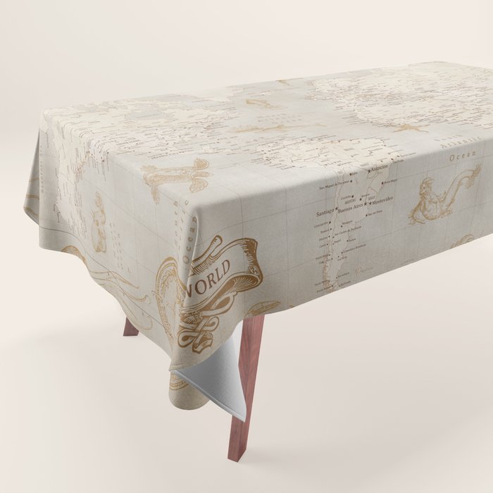 Vintage looking current world map with sea monsters and sail ships Tablecloth Gallery Image 1