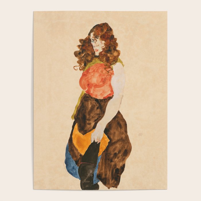 Standing Woman Egon Schiele Vintage Feminist Drawing Modern Minimalist Bathroom Colorful Rare Decor Poster