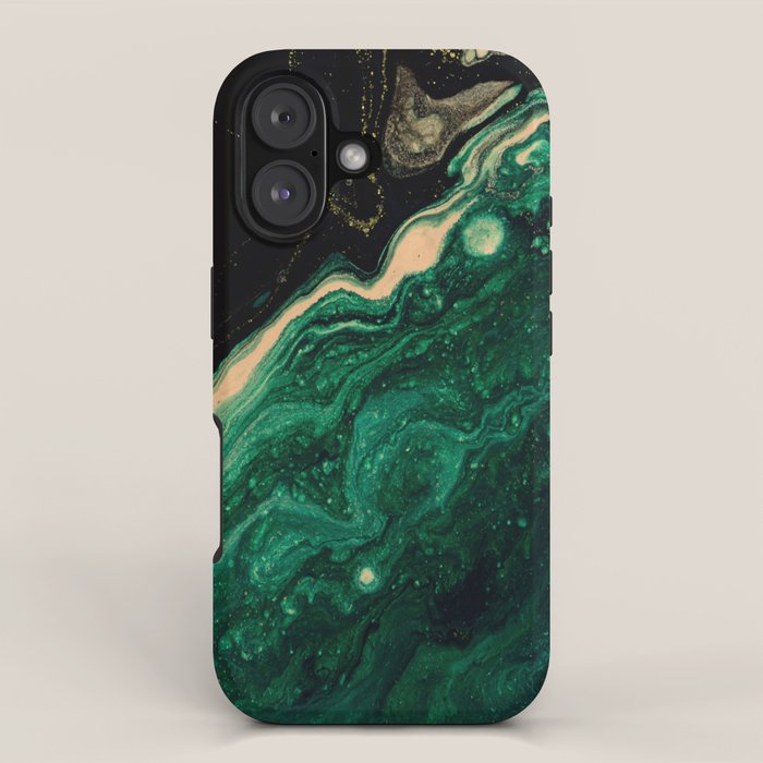 Abstract Pour Painting Liquid Marble Abstract Dark Green Painting Gold Accent Agate Stone Layers iPhone Case Gallery Image 1