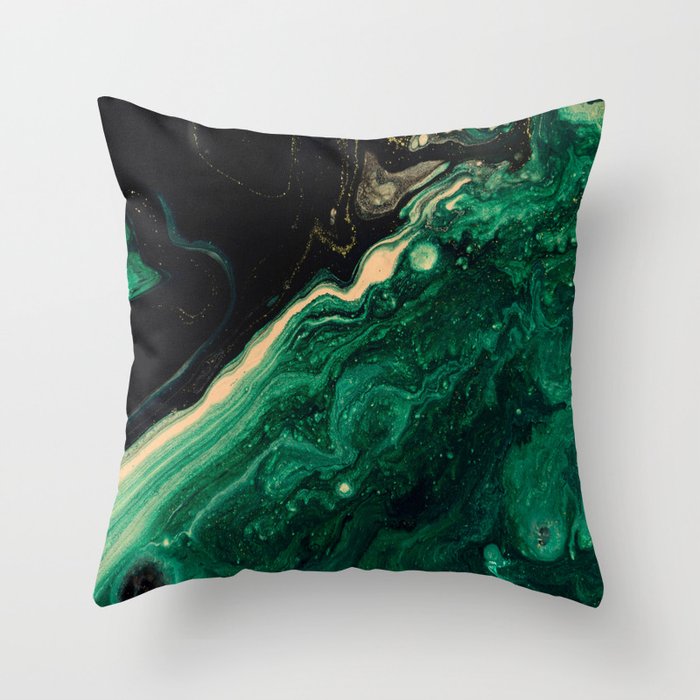 Abstract Pour Painting Liquid Marble Abstract Dark Green Painting Gold Accent Agate Stone Layers Throw Pillow Gallery Image 1