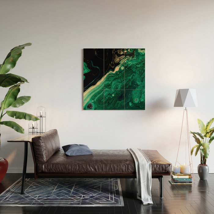 Abstract Pour Painting Liquid Marble Abstract Dark Green Painting Gold Accent Agate Stone Layers Wood Wall Art Gallery Image 2