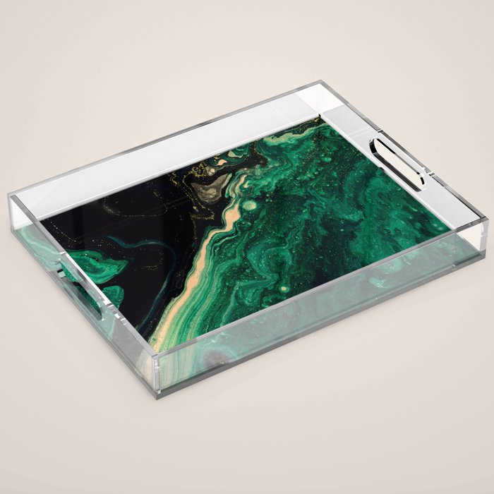 Abstract Pour Painting Liquid Marble Abstract Dark Green Painting Gold Accent Agate Stone Layers Acrylic Tray Gallery Image 1