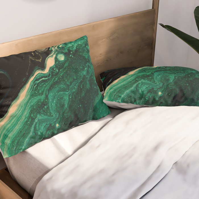Abstract Pour Painting Liquid Marble Abstract Dark Green Painting Gold Accent Agate Stone Layers Pillow Sham Gallery Image 2