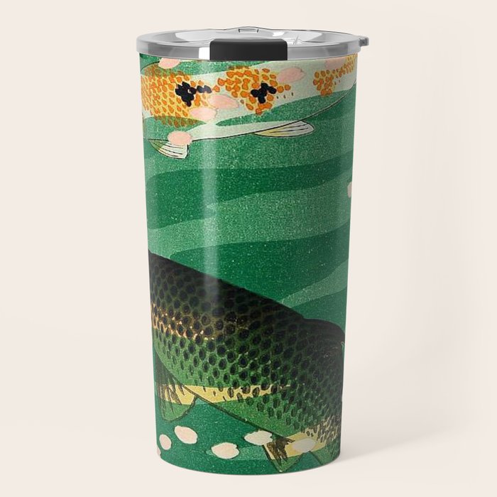 Vintage Japanese Woodblock Print Asian Art Koi Pond Fish Turquoise Green Water Cherry Blossom Travel Mug Gallery Image 1