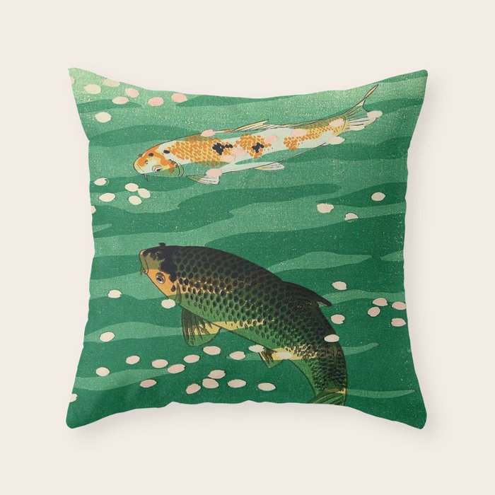 Vintage Japanese Woodblock Print Asian Art Koi Pond Fish Turquoise Green Water Cherry Blossom Throw Pillow Gallery Image 1