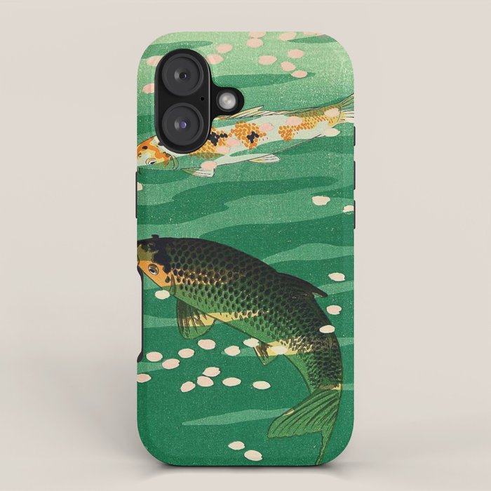 Vintage Japanese Woodblock Print Asian Art Koi Pond Fish Turquoise Green Water Cherry Blossom iPhone Case Gallery Image 1