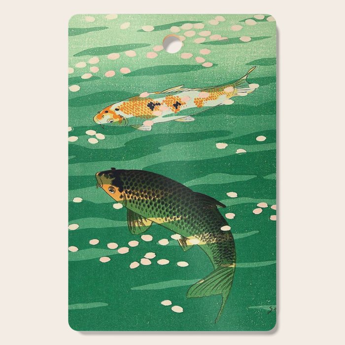 Vintage Japanese Woodblock Print Asian Art Koi Pond Fish Turquoise Green Water Cherry Blossom Cutting Board Gallery Image 1