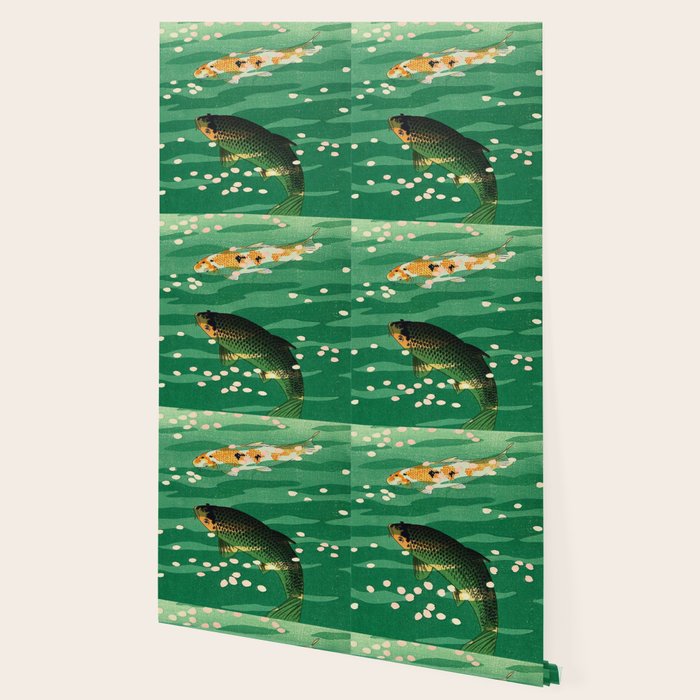 Vintage Japanese Woodblock Print Asian Art Koi Pond Fish Turquoise Green Water Cherry Blossom Wallpaper Gallery Image 2