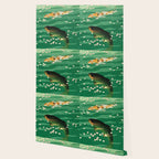 Vintage Japanese Woodblock Print Asian Art Koi Pond Fish Turquoise Green Water Cherry Blossom Wallpaper Gallery Image 2