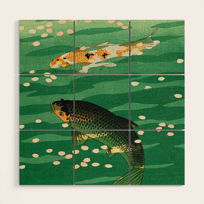 Vintage Japanese Woodblock Print Asian Art Koi Pond Fish Turquoise Green Water Cherry Blossom Wood Wall Art Gallery Image 1