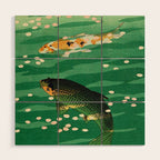 Vintage Japanese Woodblock Print Asian Art Koi Pond Fish Turquoise Green Water Cherry Blossom Wood Wall Art Gallery Image 1