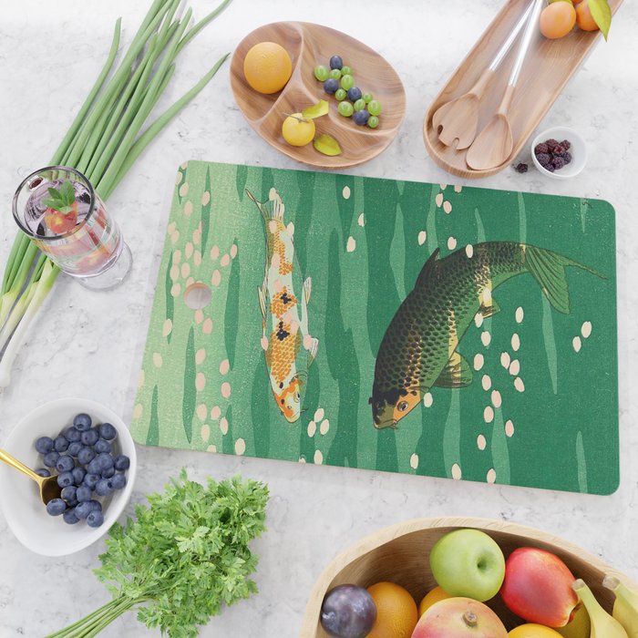 Vintage Japanese Woodblock Print Asian Art Koi Pond Fish Turquoise Green Water Cherry Blossom Cutting Board Gallery Image 2