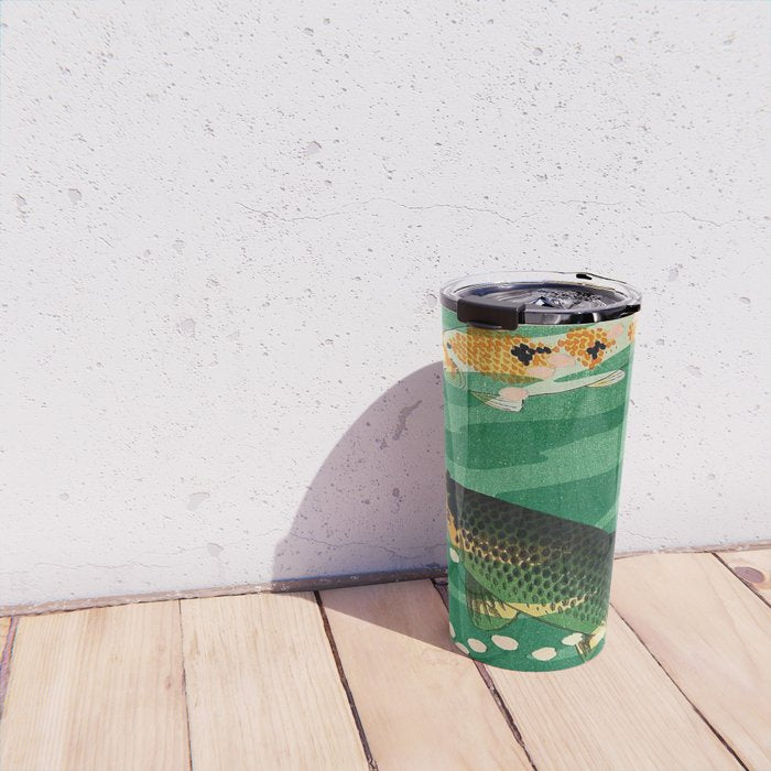 Vintage Japanese Woodblock Print Asian Art Koi Pond Fish Turquoise Green Water Cherry Blossom Travel Mug Gallery Image 4