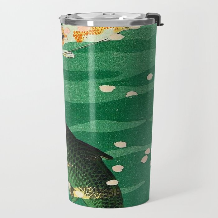 Vintage Japanese Woodblock Print Asian Art Koi Pond Fish Turquoise Green Water Cherry Blossom Travel Mug Gallery Image 2