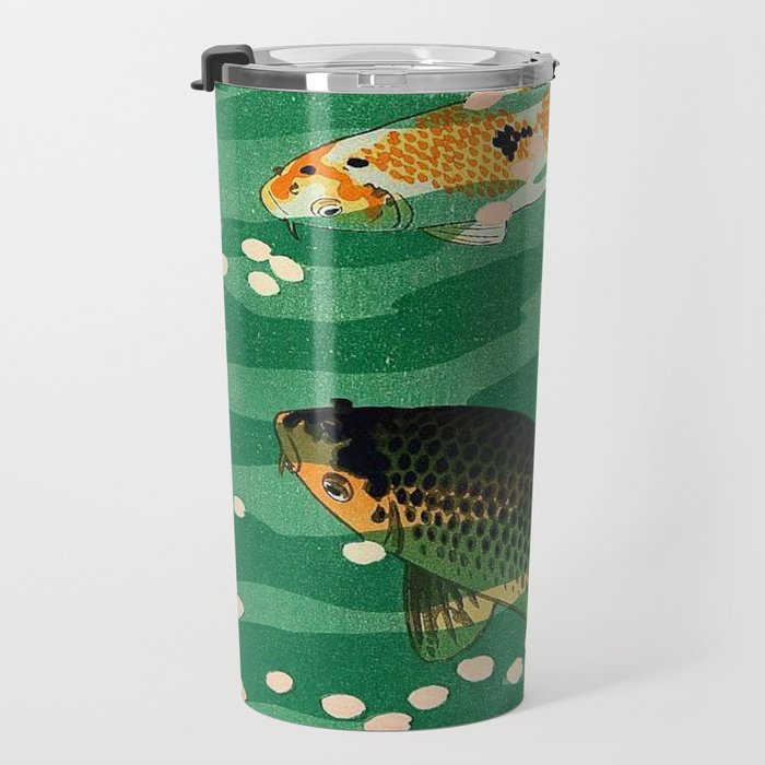 Vintage Japanese Woodblock Print Asian Art Koi Pond Fish Turquoise Green Water Cherry Blossom Travel Mug Gallery Image 3