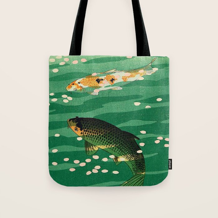 Vintage Japanese Woodblock Print Asian Art Koi Pond Fish Turquoise Green Water Cherry Blossom Tote Bag Gallery Image 1