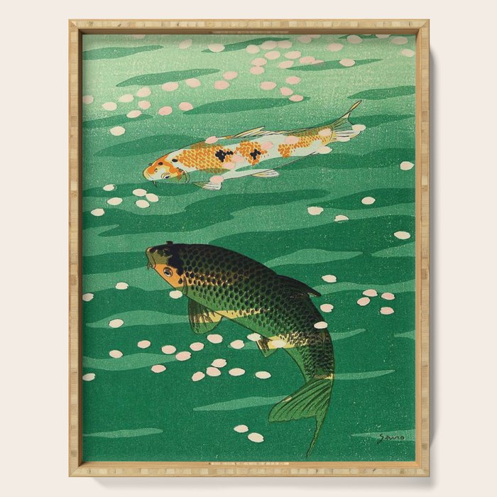 Vintage Japanese Woodblock Print Asian Art Koi Pond Fish Turquoise Green Water Cherry Blossom Serving Tray Gallery Image 1