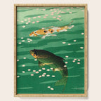 Vintage Japanese Woodblock Print Asian Art Koi Pond Fish Turquoise Green Water Cherry Blossom Serving Tray Gallery Image 1