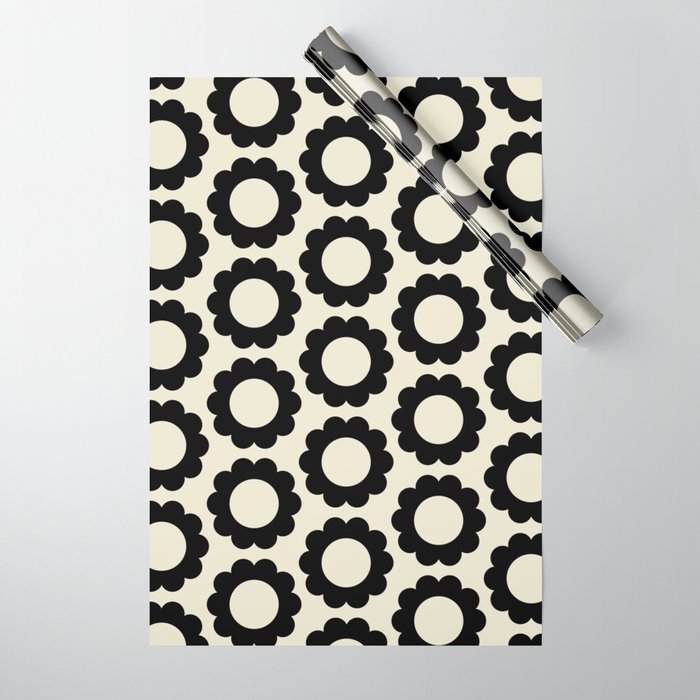 Black and Cream Happy Flowers Minimal Retro Floral Pattern Wrapping Paper Gallery Image 1