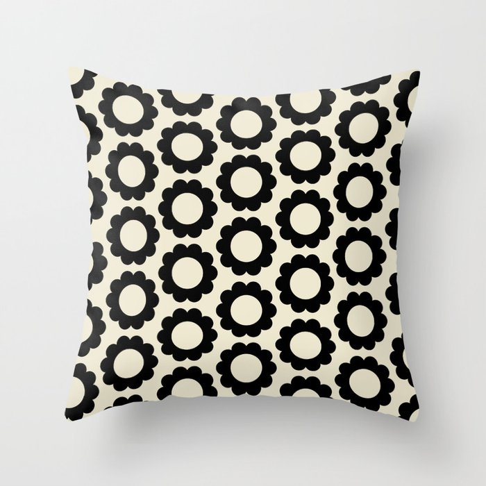 Black and Cream Happy Flowers Minimal Retro Floral Pattern Throw Pillow Gallery Image 1