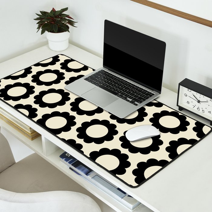 Black and Cream Happy Flowers Minimal Retro Floral Pattern Desk Mat Gallery Image 2
