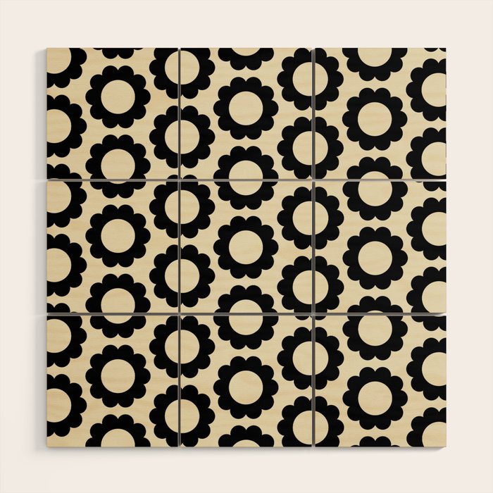Black and Cream Happy Flowers Minimal Retro Floral Pattern Wood Wall Art Gallery Image 1