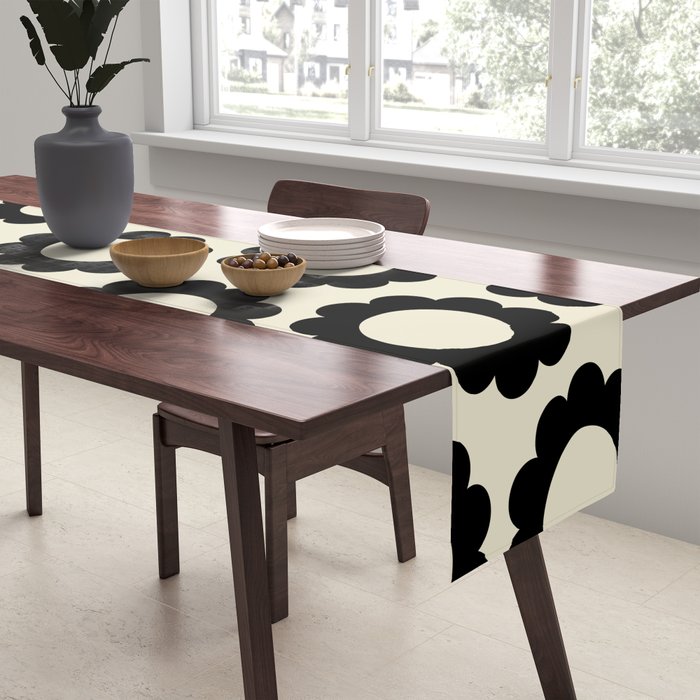Black and Cream Happy Flowers Minimal Retro Floral Pattern Table Runner Gallery Image 2