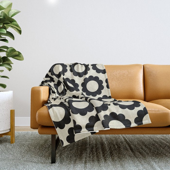 Black and Cream Happy Flowers Minimal Retro Floral Pattern Throw Blanket Gallery Image 1