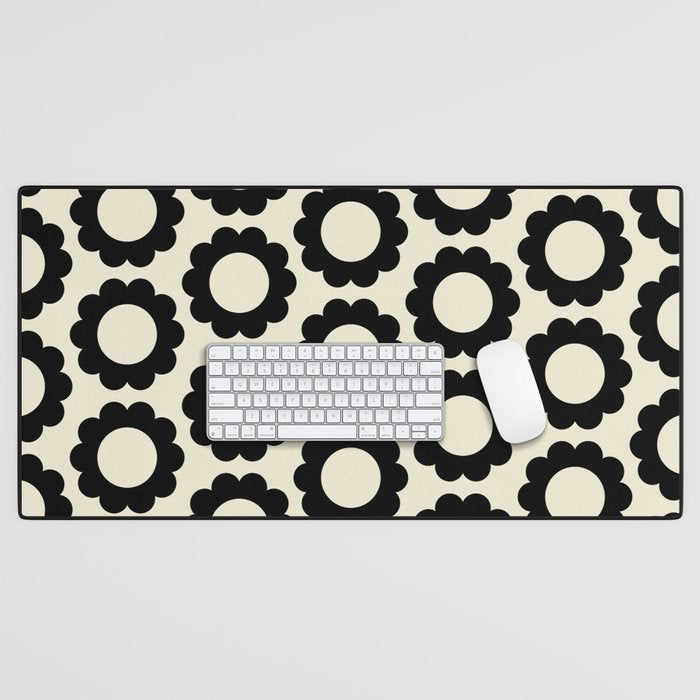 Black and Cream Happy Flowers Minimal Retro Floral Pattern Desk Mat Gallery Image 1