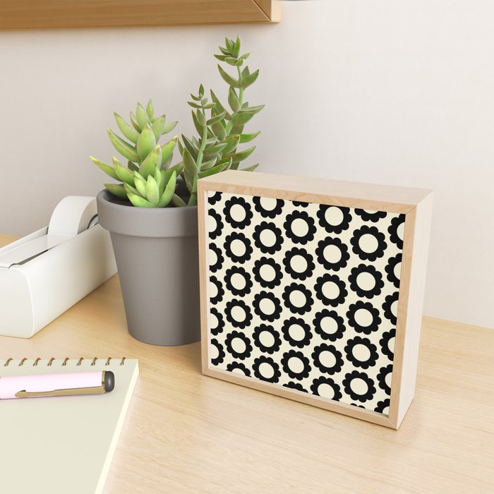 Black and Cream Happy Flowers Minimal Retro Floral Pattern Mini Art Print Gallery Image 2
