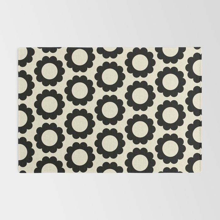 Black and Cream Happy Flowers Minimal Retro Floral Pattern Rug Gallery Image 2