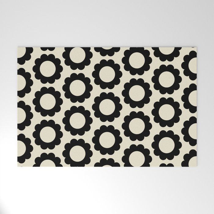 Black and Cream Happy Flowers Minimal Retro Floral Pattern Welcome Mat Gallery Image 1