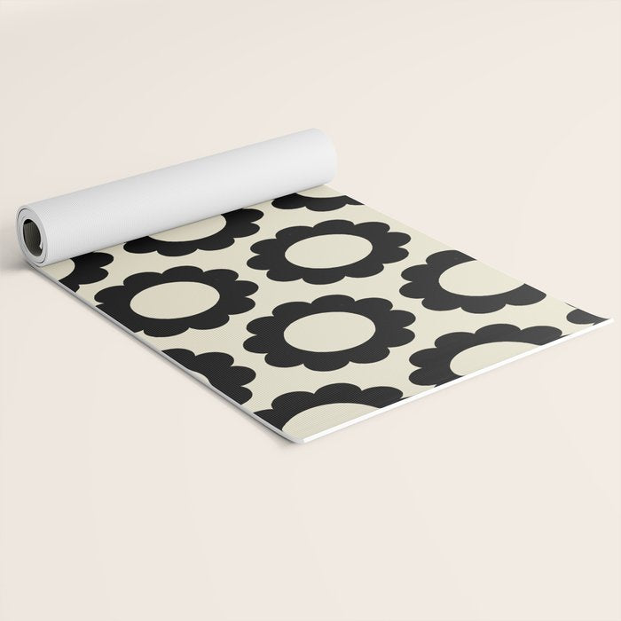 Black and Cream Happy Flowers Minimal Retro Floral Pattern Yoga Mat Gallery Image 2