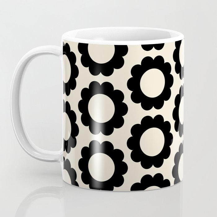Black and Cream Happy Flowers Minimal Retro Floral Pattern Coffee Mug Gallery Image 3