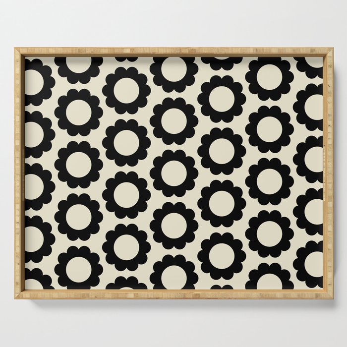 Black and Cream Happy Flowers Minimal Retro Floral Pattern Serving Tray Gallery Image 1