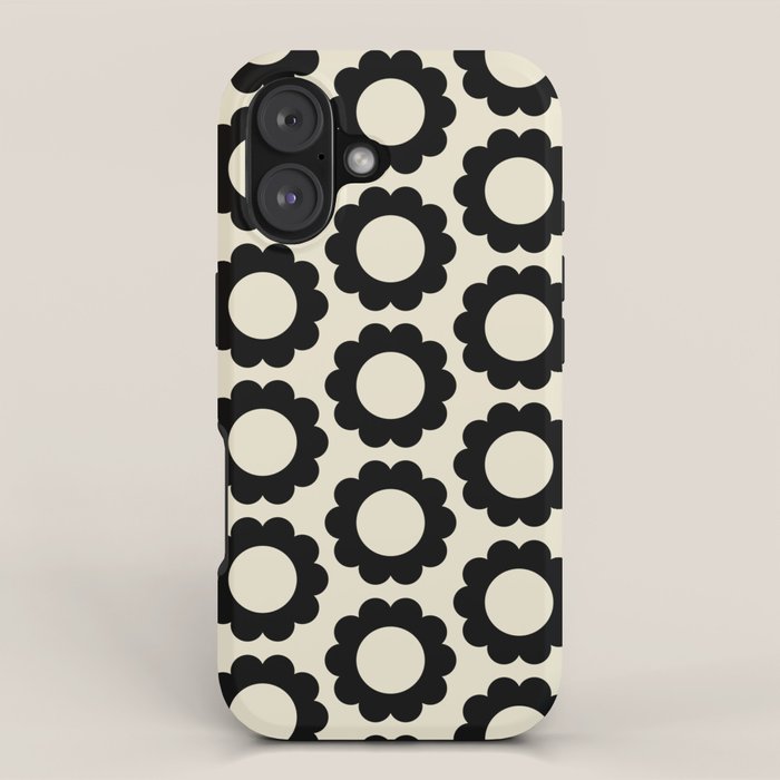 Black and Cream Happy Flowers Minimal Retro Floral Pattern iPhone Case Gallery Image 1