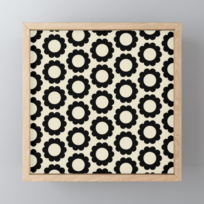 Black and Cream Happy Flowers Minimal Retro Floral Pattern Mini Art Print Gallery Image 1