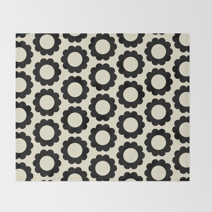 Black and Cream Happy Flowers Minimal Retro Floral Pattern Throw Blanket Gallery Image 2