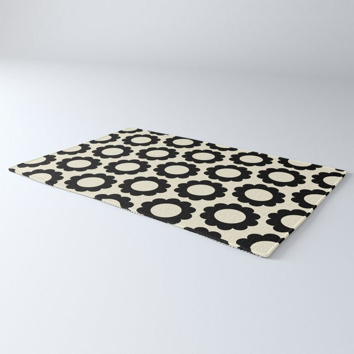 Black and Cream Happy Flowers Minimal Retro Floral Pattern Rug Gallery Image 3
