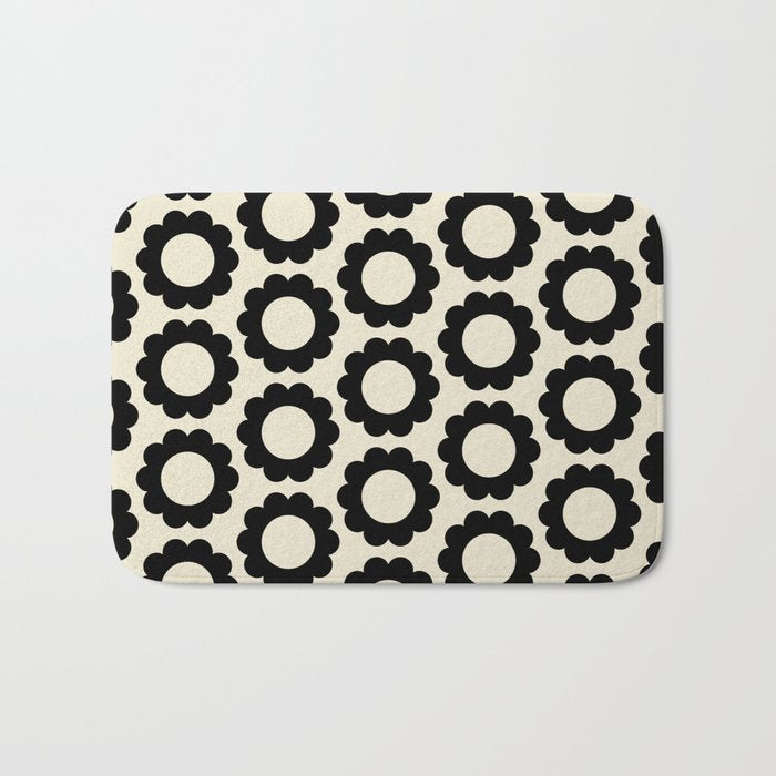 Black and Cream Happy Flowers Minimal Retro Floral Pattern Bath Mat Gallery Image 1