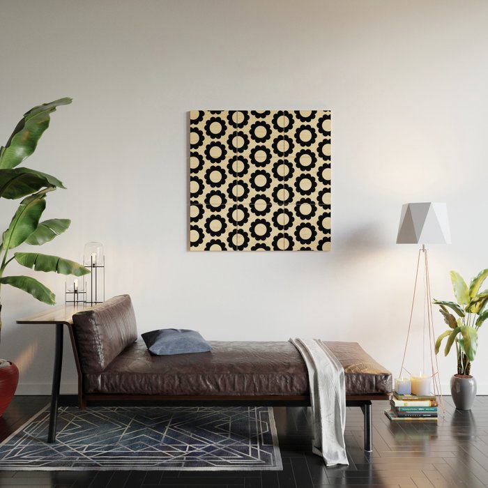 Black and Cream Happy Flowers Minimal Retro Floral Pattern Wood Wall Art Gallery Image 2